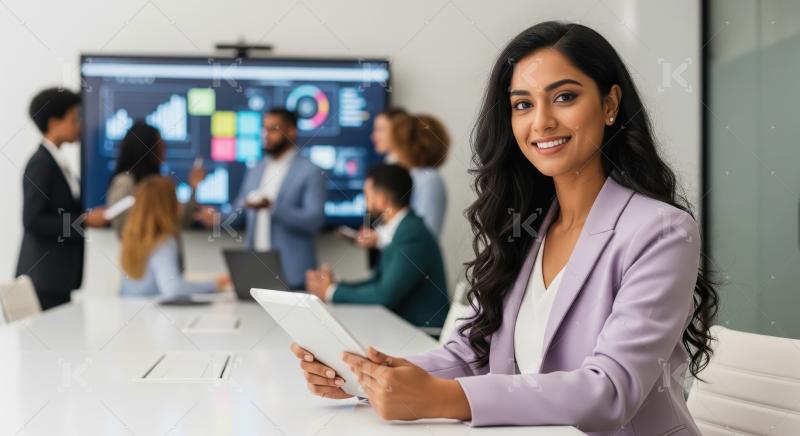 A confident young Indian businesswoman holds a tablet during a m