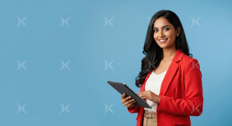 Confident Indian businesswoman in blazer stands and holding a ta