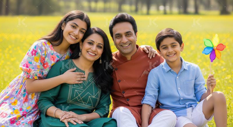 A joyful Indian family sits together in a vibrant flower field,
