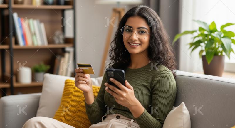 Young woman sitting on couch using smartphone and holding card