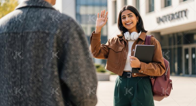 A cheerful Indian university student greets a friend outside cam