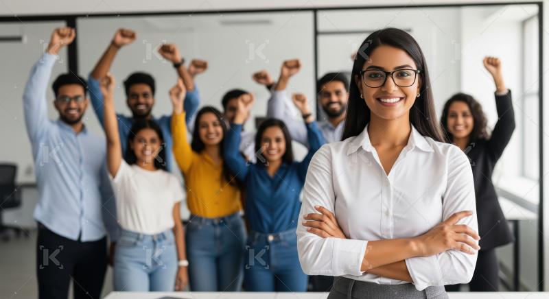 A confident Indian businesswoman stands at the front with her ar