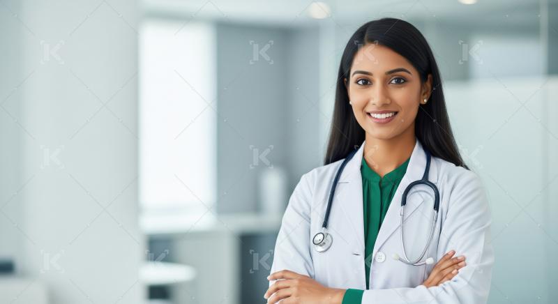 A friendly and confident young Indian woman doctor in a white co