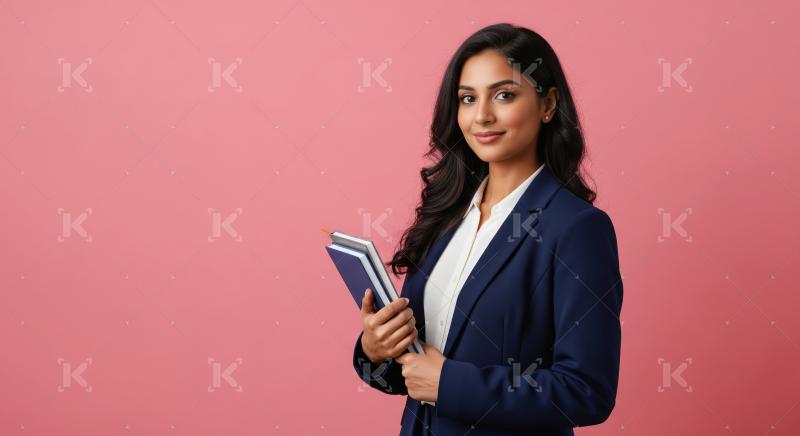 A confident young Indian woman in a navy blazer holds a notebook