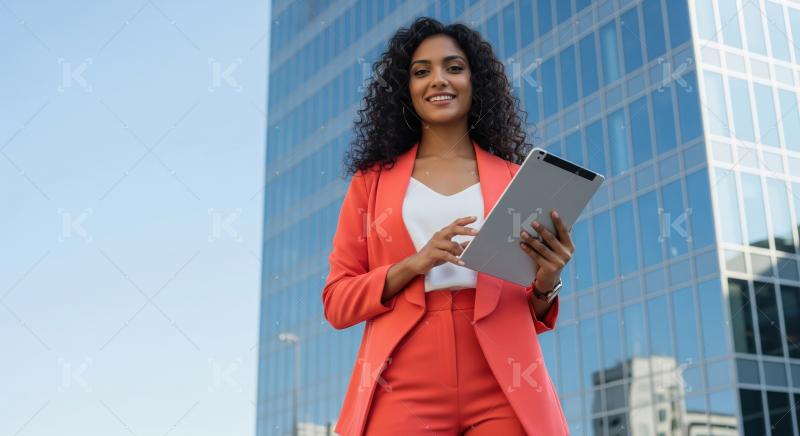 Confident Indian businesswoman in blazer stands and holding a ta