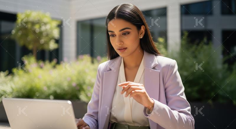 A confident young Indian businesswoman in formal attire works ou