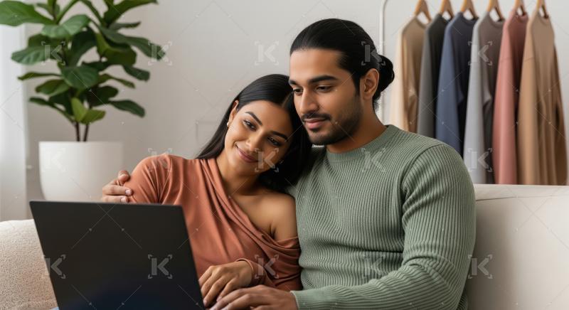 A young Indian couple sits comfortably together at home, sharing