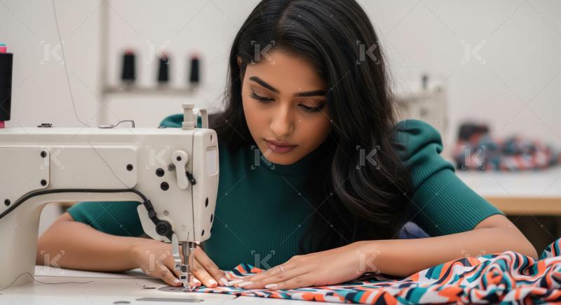 Indian woman works attentively at a sewing machine with patterne