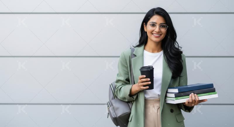 A studious young Indian woman in a green blazer holds academic b