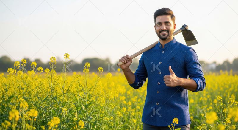 A cheerful Indian farmer standing mustard field, holding a spade