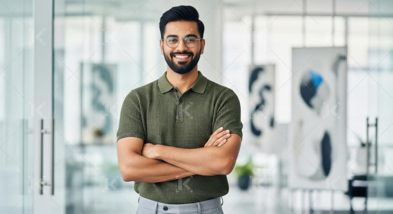 A confident, handsome young Indian man stands with crossed arms
