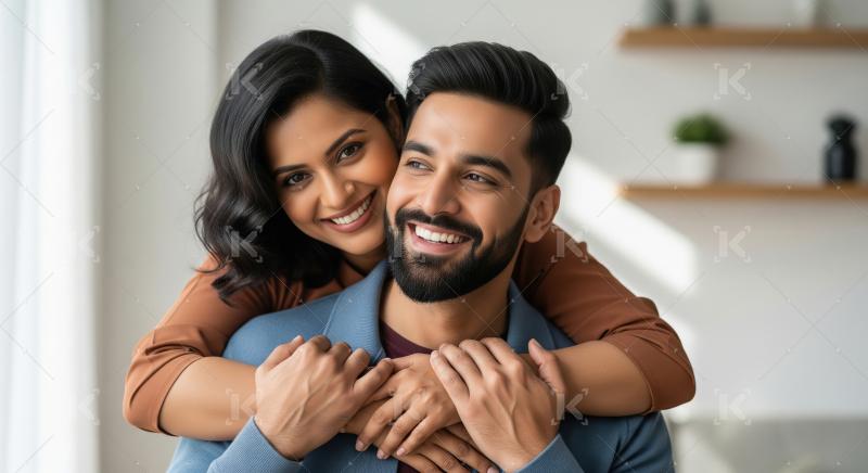 A loving Indian couple shares an affectionate embrace indoors, w