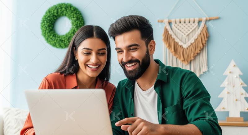 A joyful young Indian couple sits closely together at home, smil