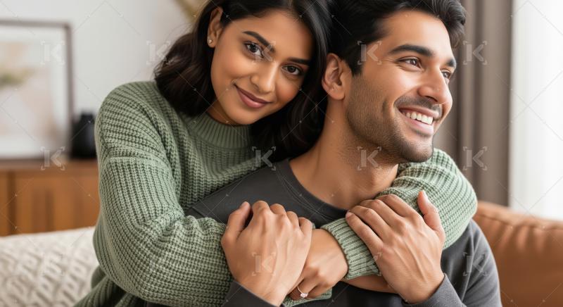 A loving Indian couple shares an affectionate embrace indoors, w