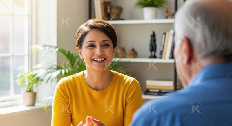 Smiling Professional Woman Talking with Senior Man in Bright Off