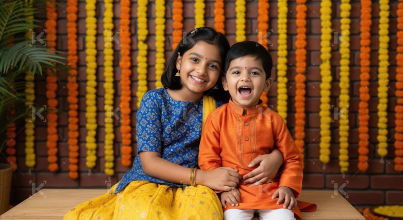 Happy Indian Siblings Celebrating Festival with Marigold Decorat
