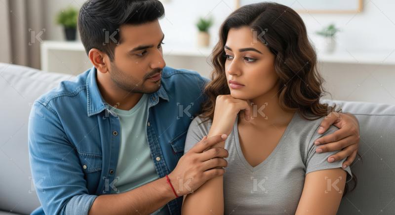 Indian Man Comforting Sad Woman on Sofa
