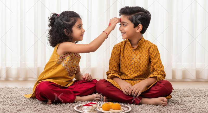 Indian sister applies sacred tilak to brother's forehead