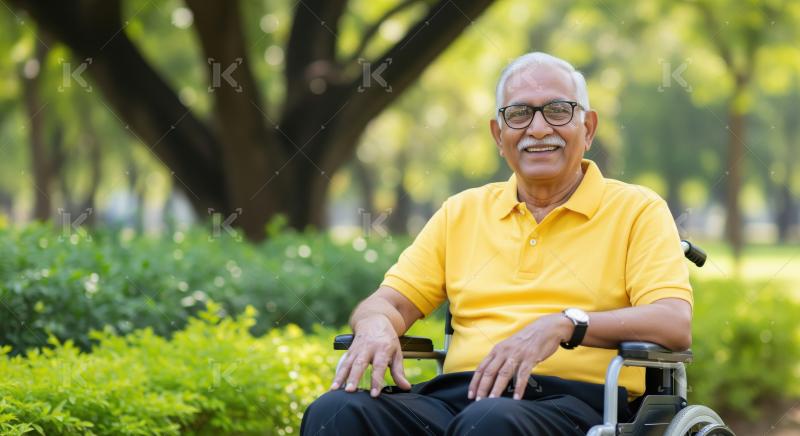 Happy Senior Indian Man in Wheelchair Smiling in Park