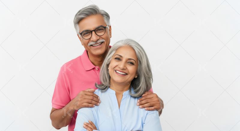 Happy Senior Indian Couple Smiling Together on White Background