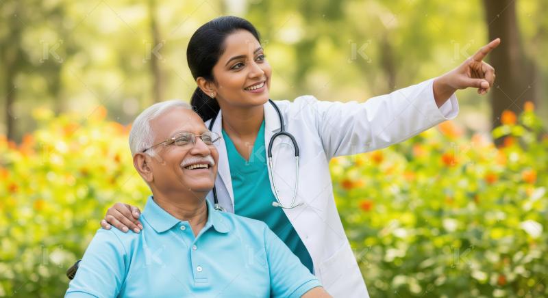Caring Doctor and Smiling Senior Man Enjoying Park Outing