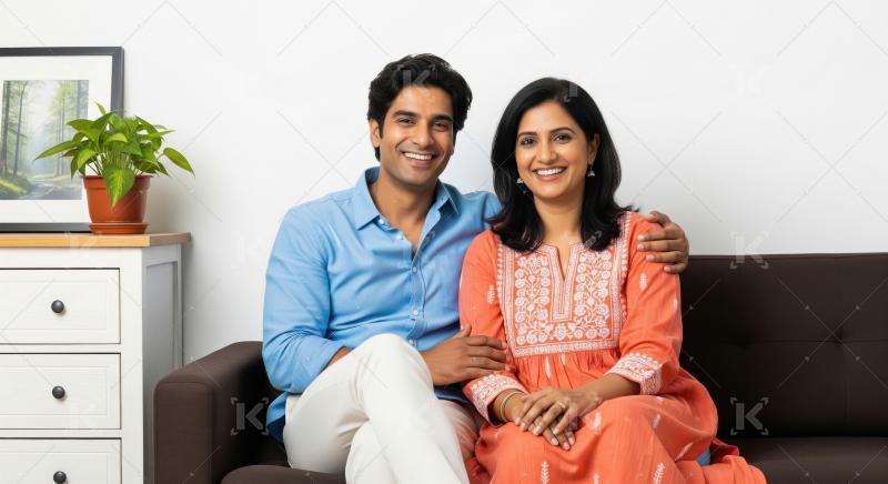 Happy Indian Couple Smiling Together on Sofa at Home