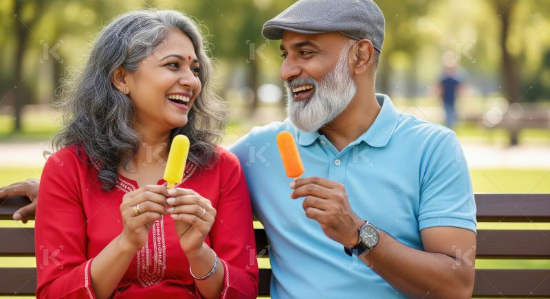 Happy Indian Couple Enjoying Popsicles on a Park Bench