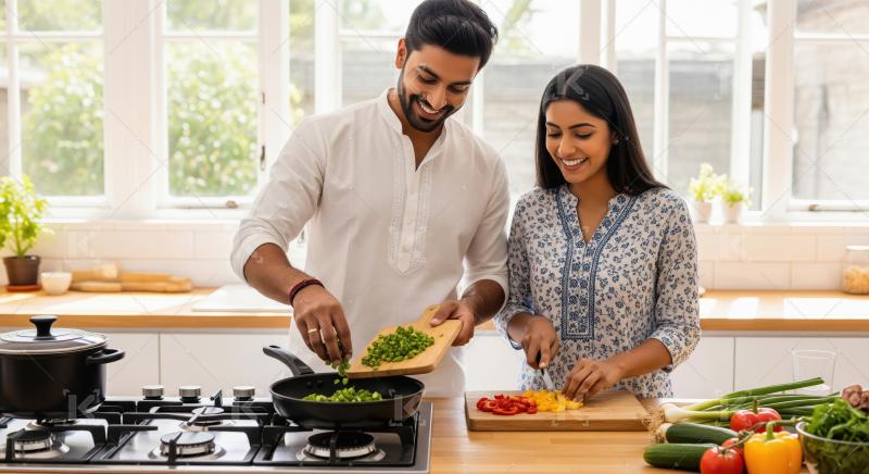Young Indian Couple Joyfully Preparing Healthy Meal Together in