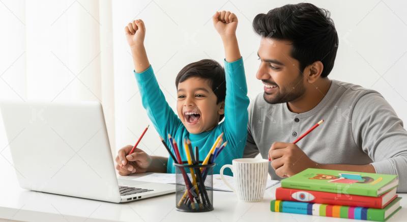 Happy father and child celebrating online learning achievement.