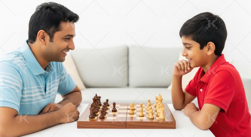 Happy Indian Father Son Playing Chess Together