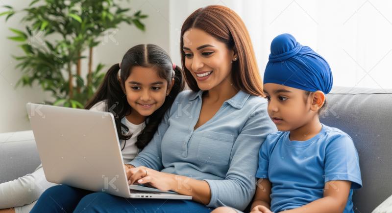 Indian Mother and Children Learning Together with Laptop at Home