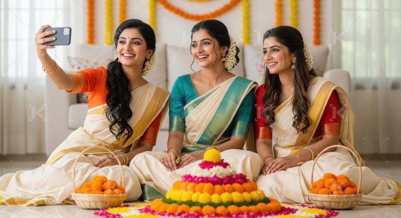 Kerala Women Celebrate Onam Festival, Taking Selfie with Pookala