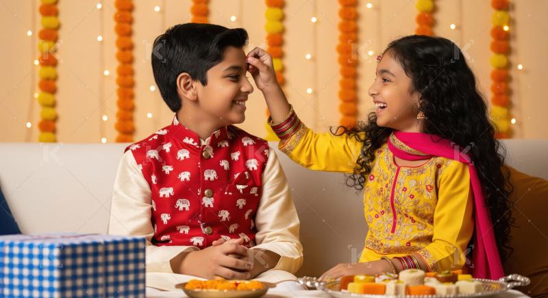 Happy Indian siblings celebrating a traditional festival with lo