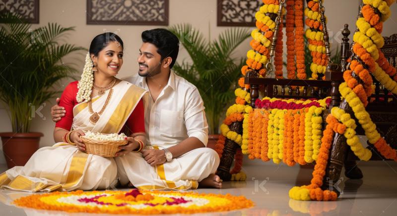 Young South Indian couple celebrating a vibrant traditional fest