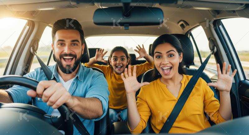 Happy Family Road Trip Fun Inside Car Interior
