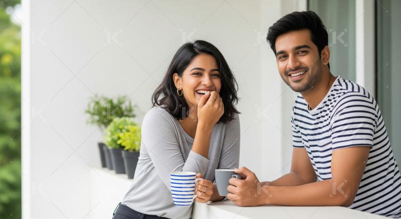 Happy Indian Couple Enjoying Morning Coffee on Balcony