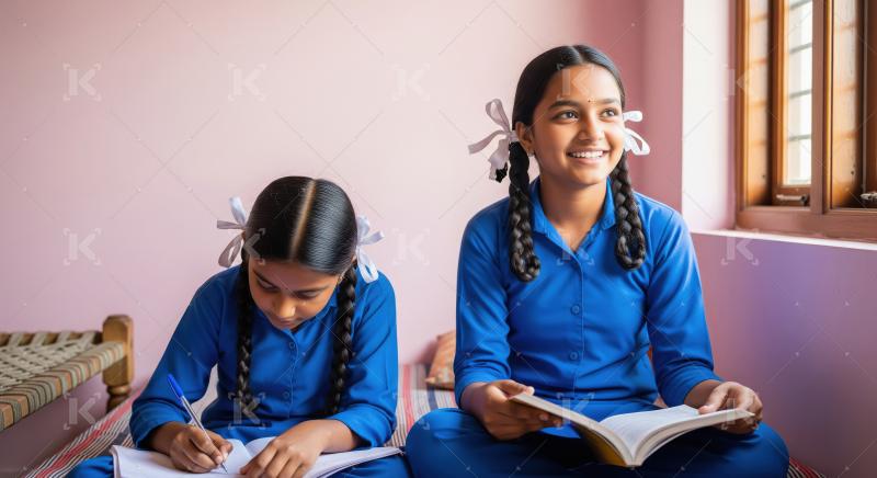 Happy Indian Schoolgirls Studying Diligently at Home