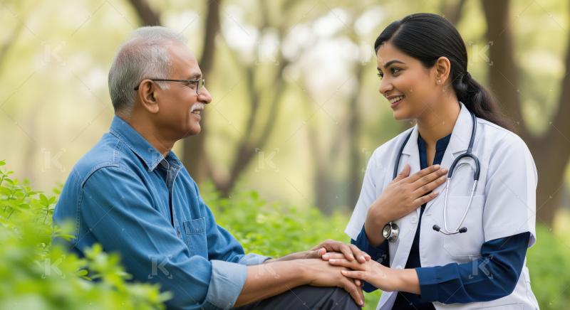 Caring Indian Doctor Comforts Senior Man During Outdoor Consulta