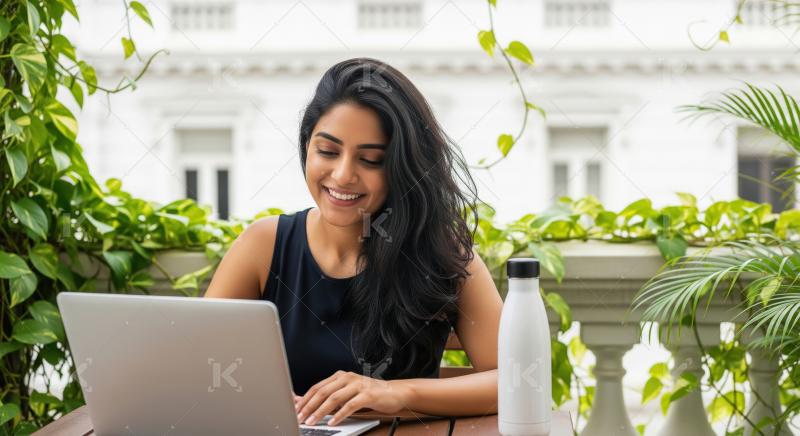 Young Indian Woman Working on Laptop on Green Balcony