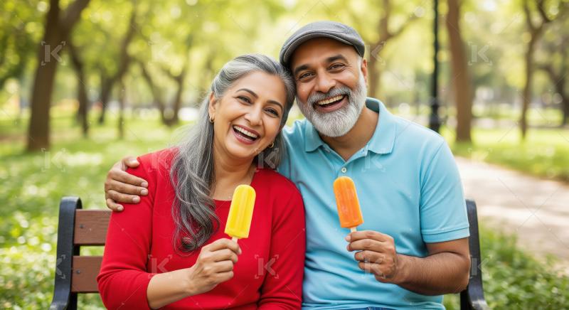 Happy Senior Indian Couple Enjoying Popsicles in Park