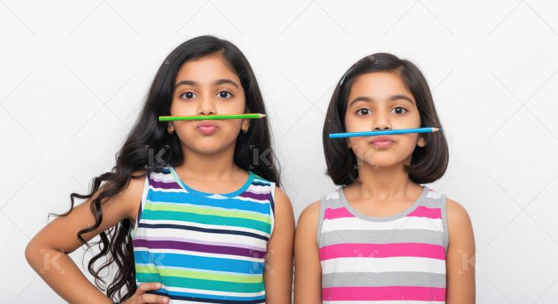 Two Cute Indian Girls Balancing Pencils on Their Lips