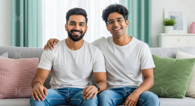 Happy Young Indian Men Friends Posing Comfortably On Sofa