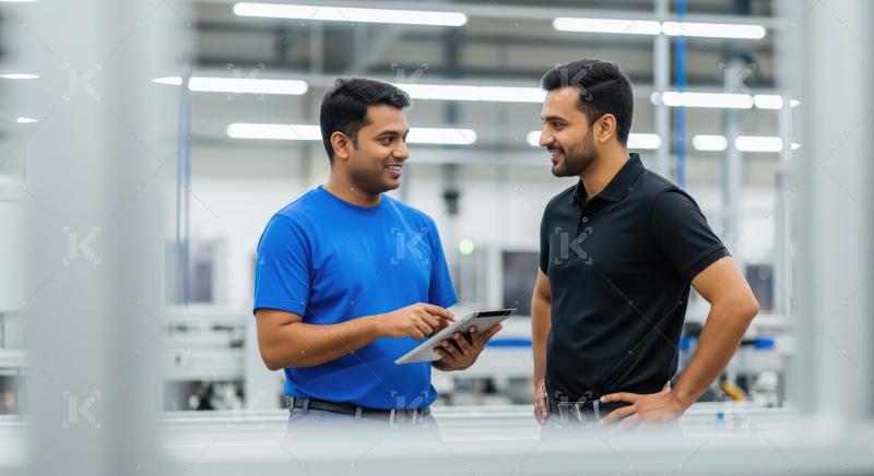Industrial engineers discussing data using tablet in modern faci