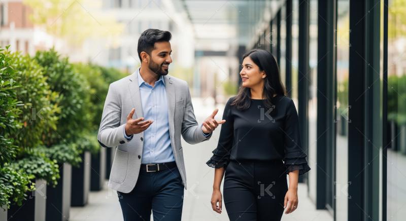 Smiling Business Colleagues Walking Together in Modern City