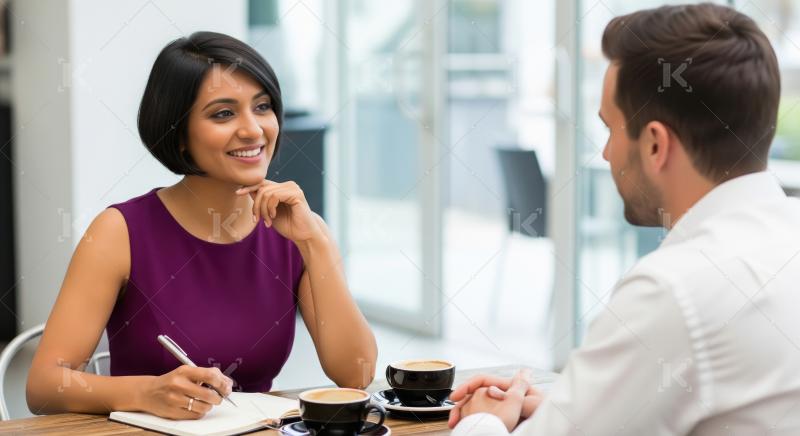 Indian Woman and Man in Business Meeting Over Coffee