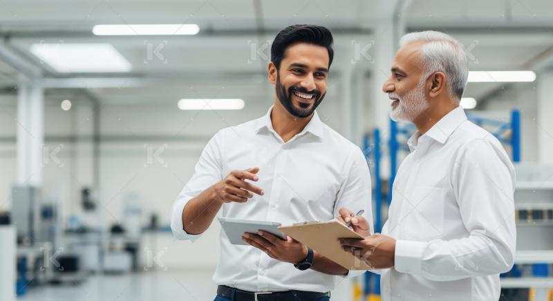 Smiling diverse professionals reviewing data on tablet in modern