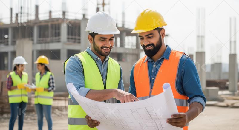 Indian Engineers Discuss Blueprints at Construction Site with Te