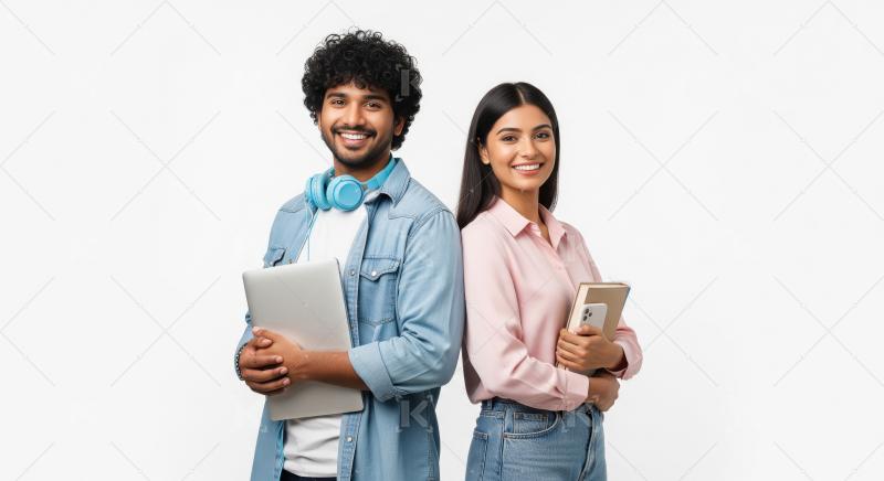Happy diverse young students smiling, holding technology and boo