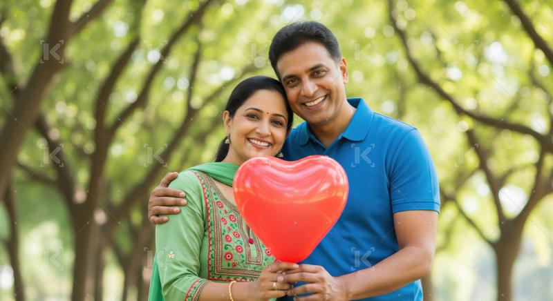 Happy Indian Couple Celebrating Love with Heart Balloon