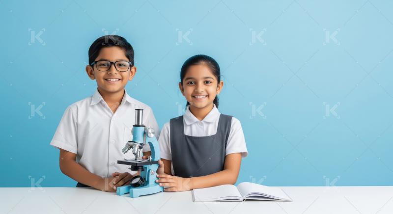Happy Indian School Kids with Microscope Studying Science